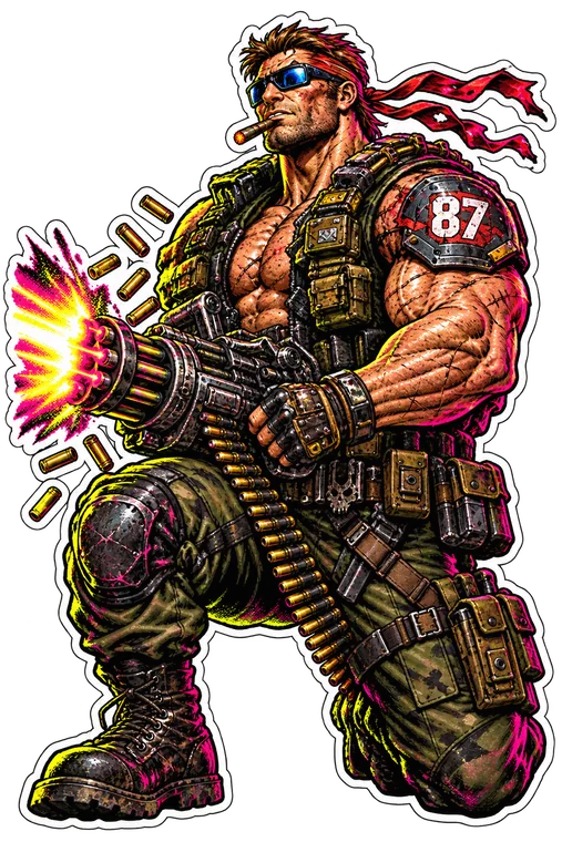 Titan City Hardcase 87 in red bandana and blue sunglasses firing a rotary gun