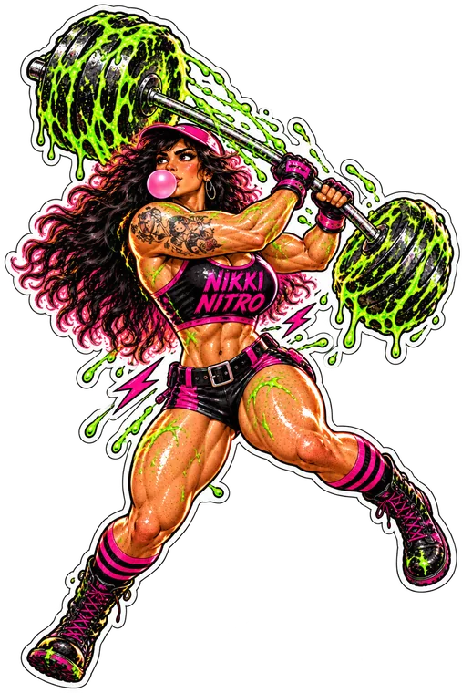 Nikki Nitro swings a slime-covered barbell while blowing pink bubblegum
